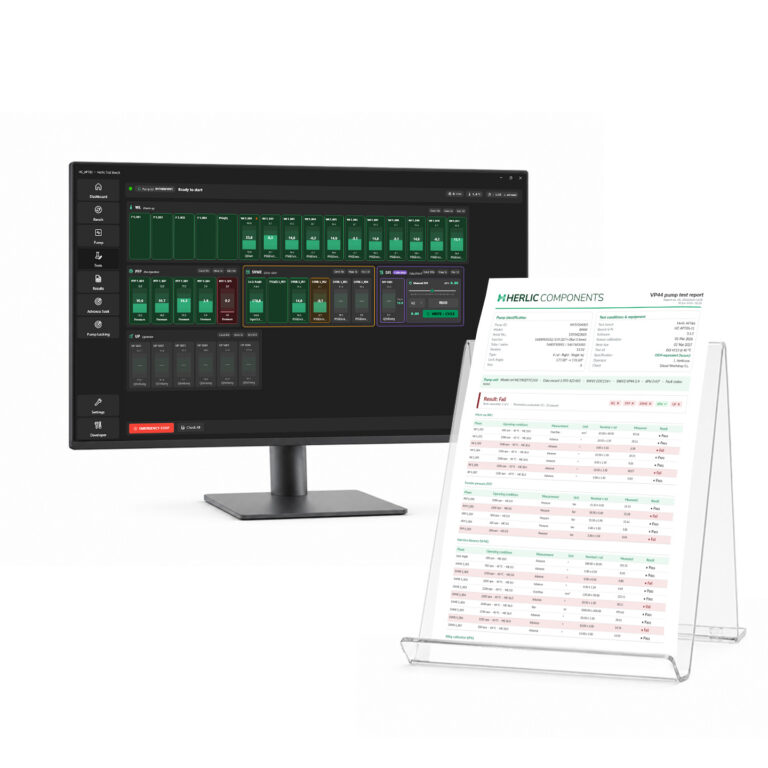 Herlic HC-Bench test automation software with a printed pump test report