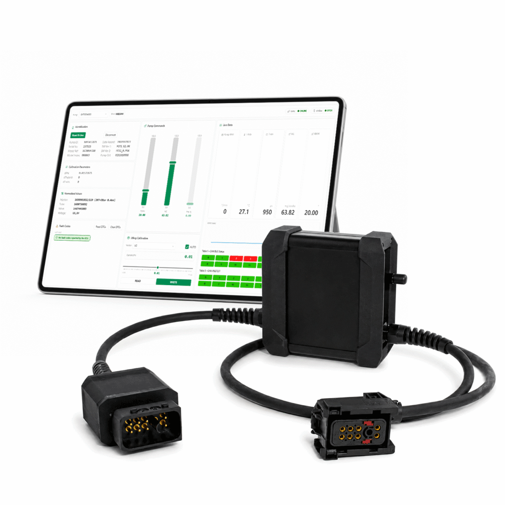 Interfaz de diagnosis Bluetooth HC-VCI con sus dos conectores PSG5 originales, junto a una tablet con la aplicación Android HC-VCI