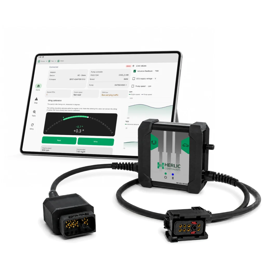 HC-VCI Bluetooth diagnostic interface with its two native PSG5 connectors, shown beside a tablet running the HC-VCI Android app